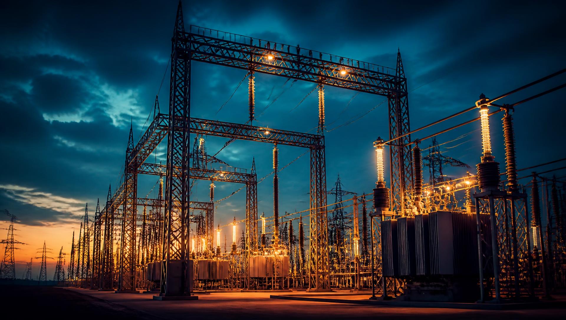 Subestación eléctrica de alta tensión al anochecer